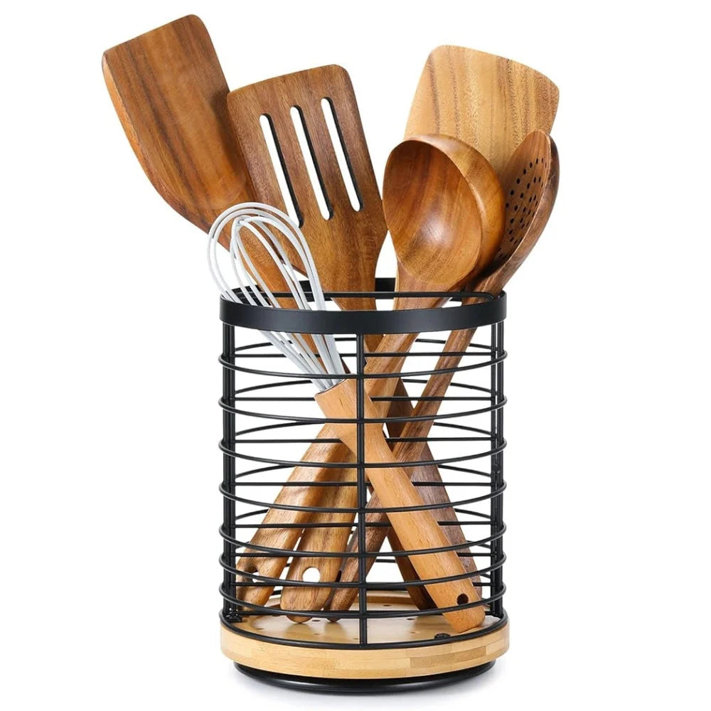 Utensil Holder 360° Rotating Wooden Base Non-Slip Feet