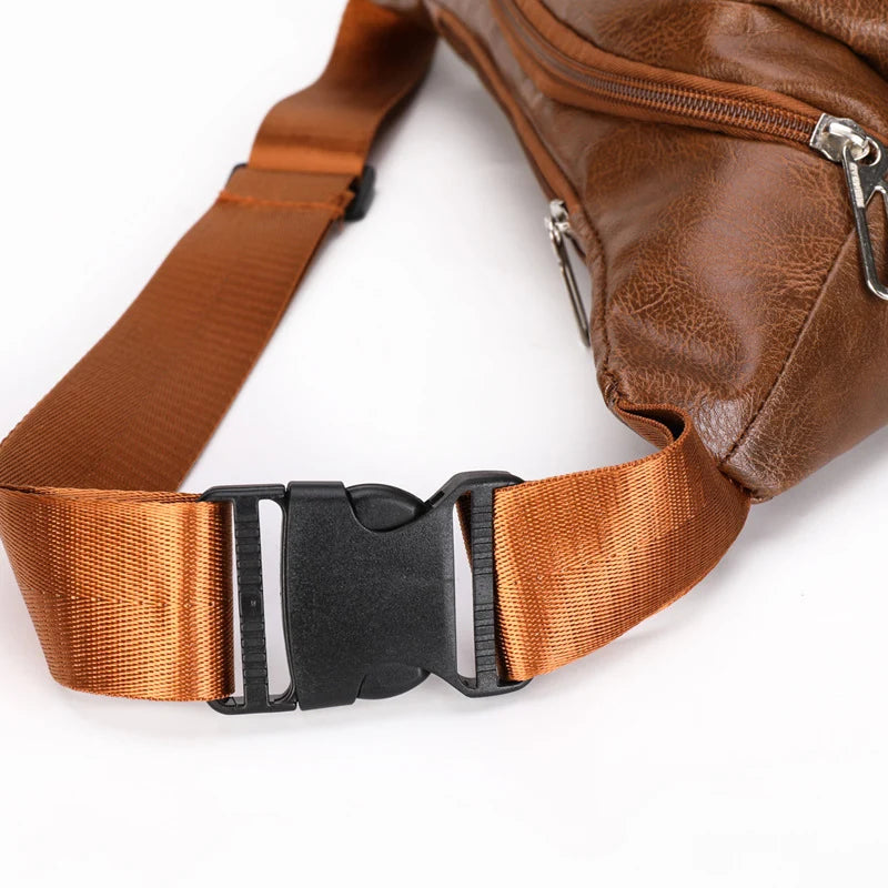 Waist Bag Genuine Leather Multiple Zippered Compartments Adjustable Strap