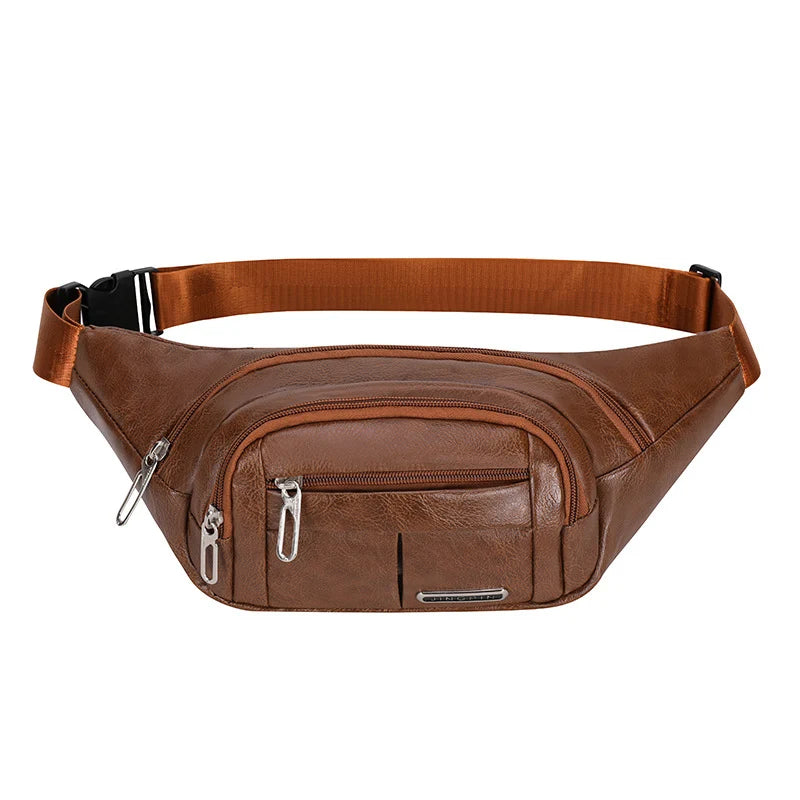 Waist Bag Genuine Leather Multiple Zippered Compartments Adjustable Strap