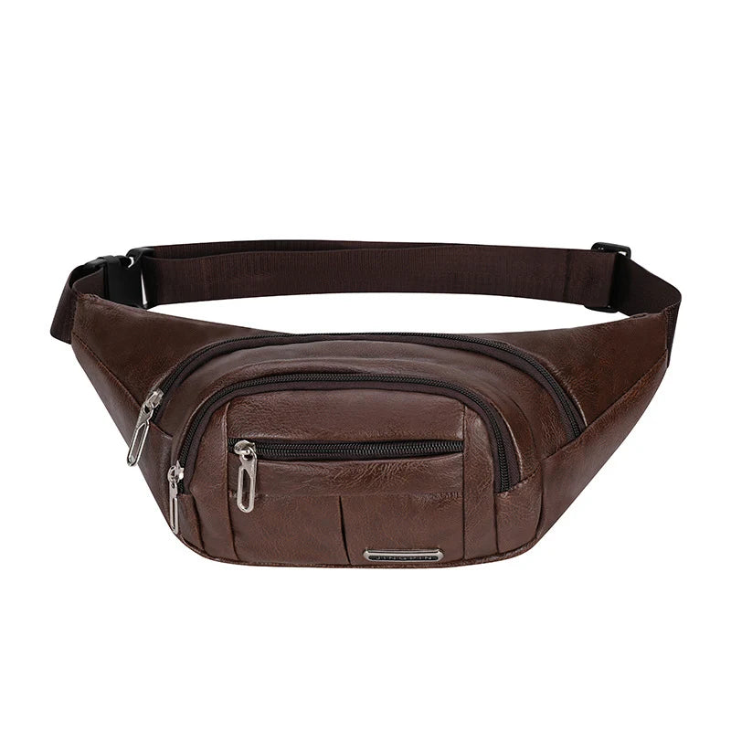 Waist Bag Genuine Leather Multiple Zippered Compartments Adjustable Strap