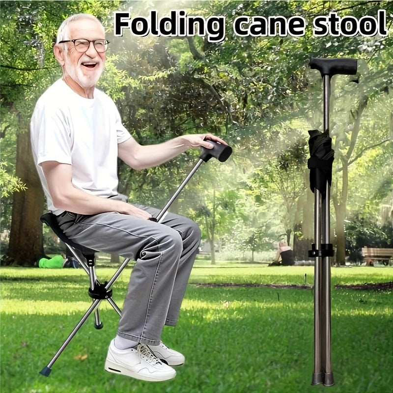 Walking Cane With Seat Foldable Stainless Steel Tripod Design