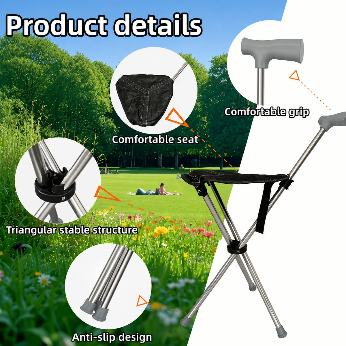 Walking Cane With Seat Foldable Stainless Steel Tripod Design