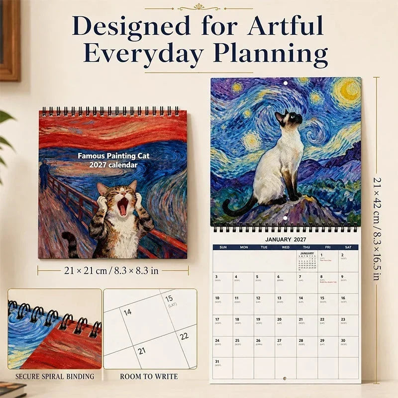 Wall Calendar 2027 Cat Painting Illustrations With Notes Section