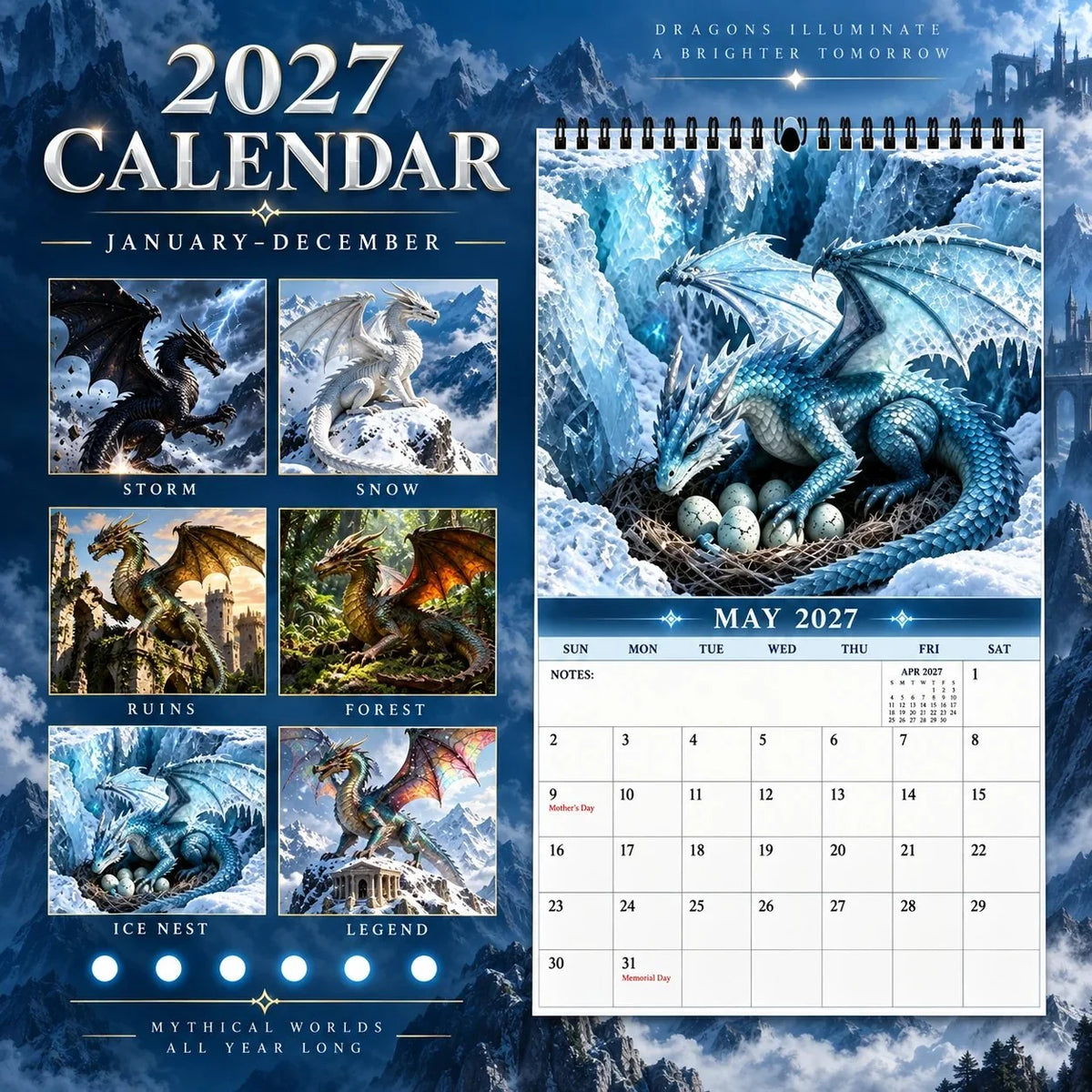 Wall Calendar Fantasy Dragon Artwork 2027 Edition Spiral-Bound