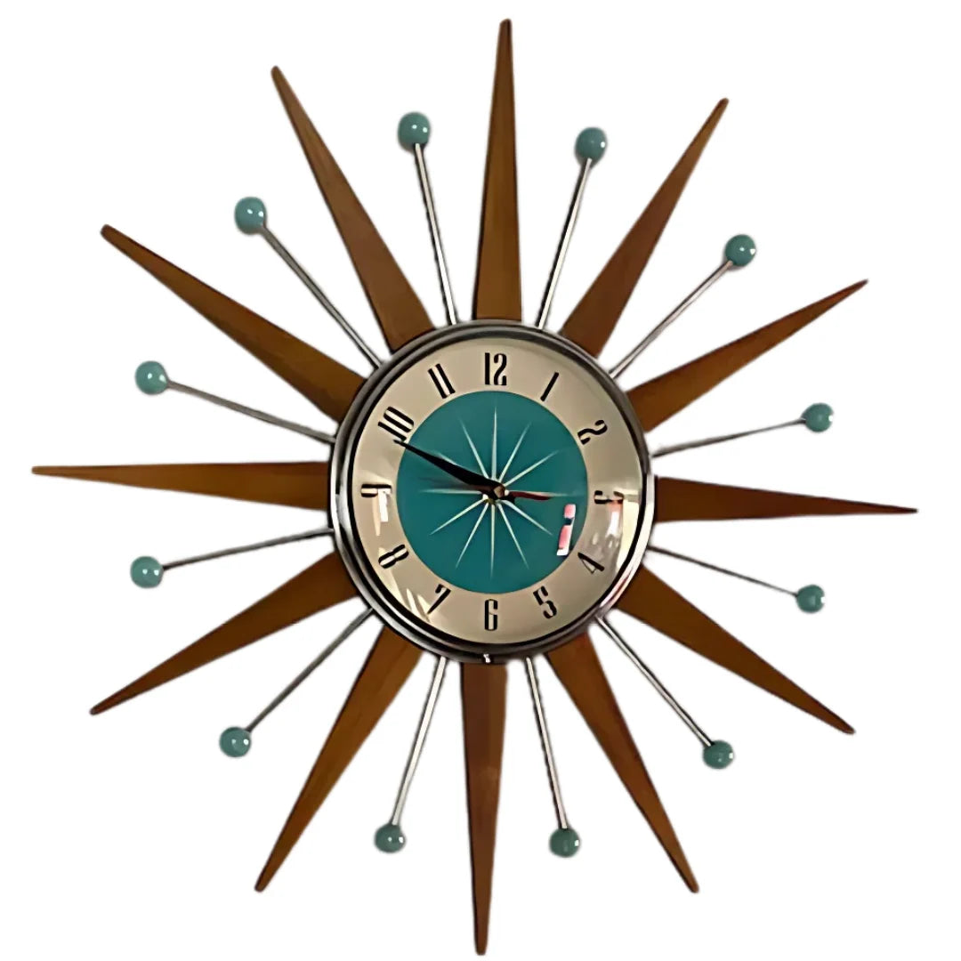 Wall Clock Mid-Century Sunburst Silent Battery-Powered