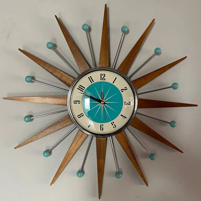 Wall Clock Mid-Century Sunburst Silent Battery-Powered