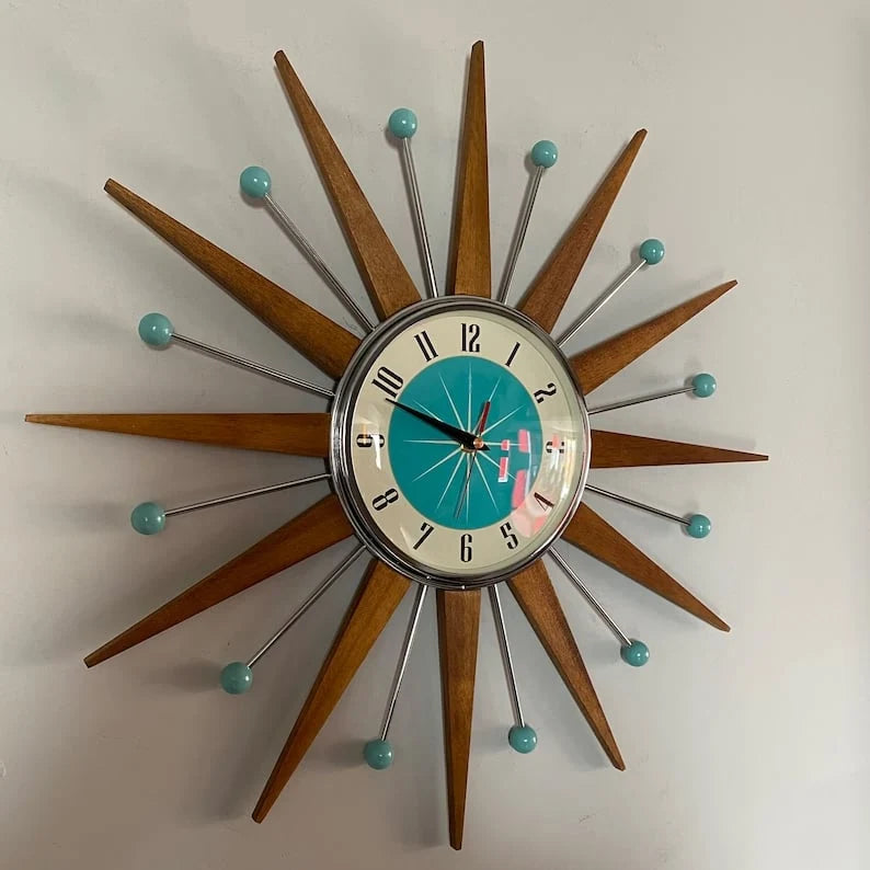 Wall Clock Mid-Century Sunburst Silent Battery-Powered Movement