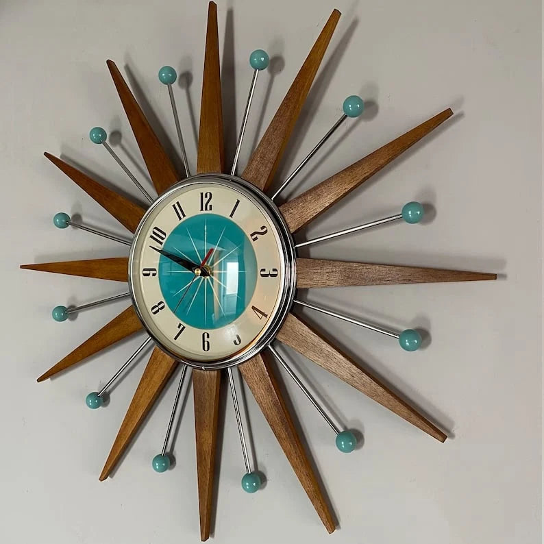 Wall Clock Mid-Century Sunburst Silent Battery-Powered Movement