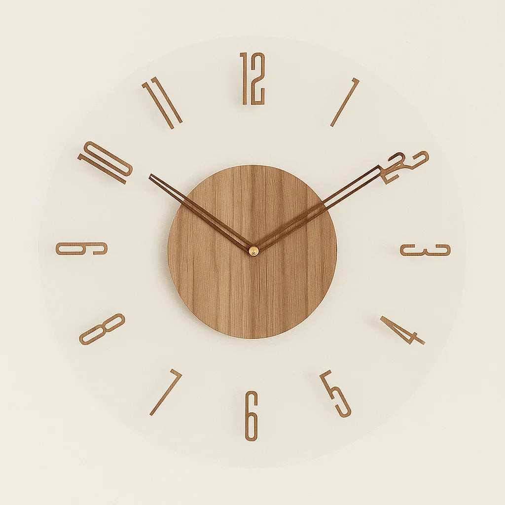 Wall Clock Natural Wood Silent Quartz Movement Easy-Read Dial