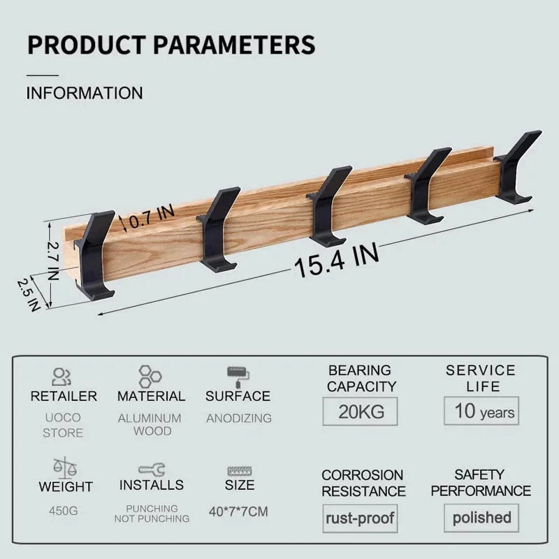 Wall Coat Rack Movable Double Hooks Rubber Wood & Aluminum