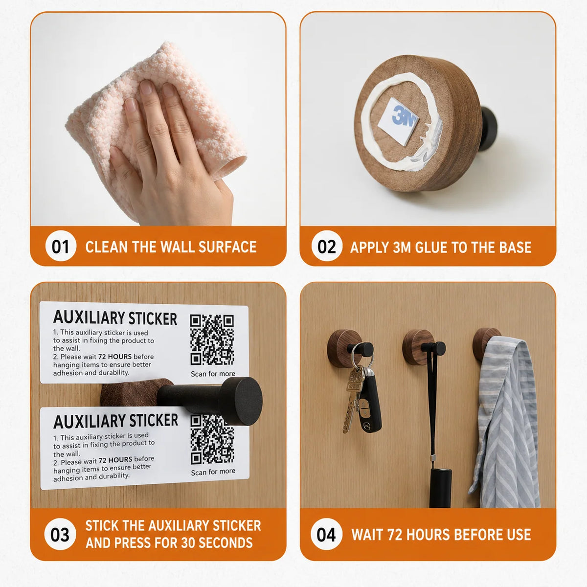 Wall Hook Organizer Wood Self-Adhesive No-Drill Mounting