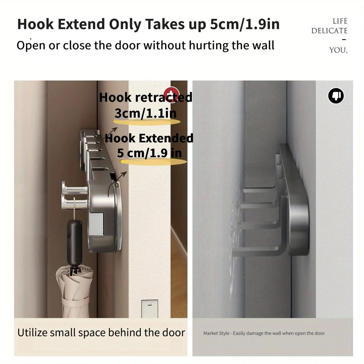 Wall Hook Rack No-Drill Suction Mount 5 Hooks