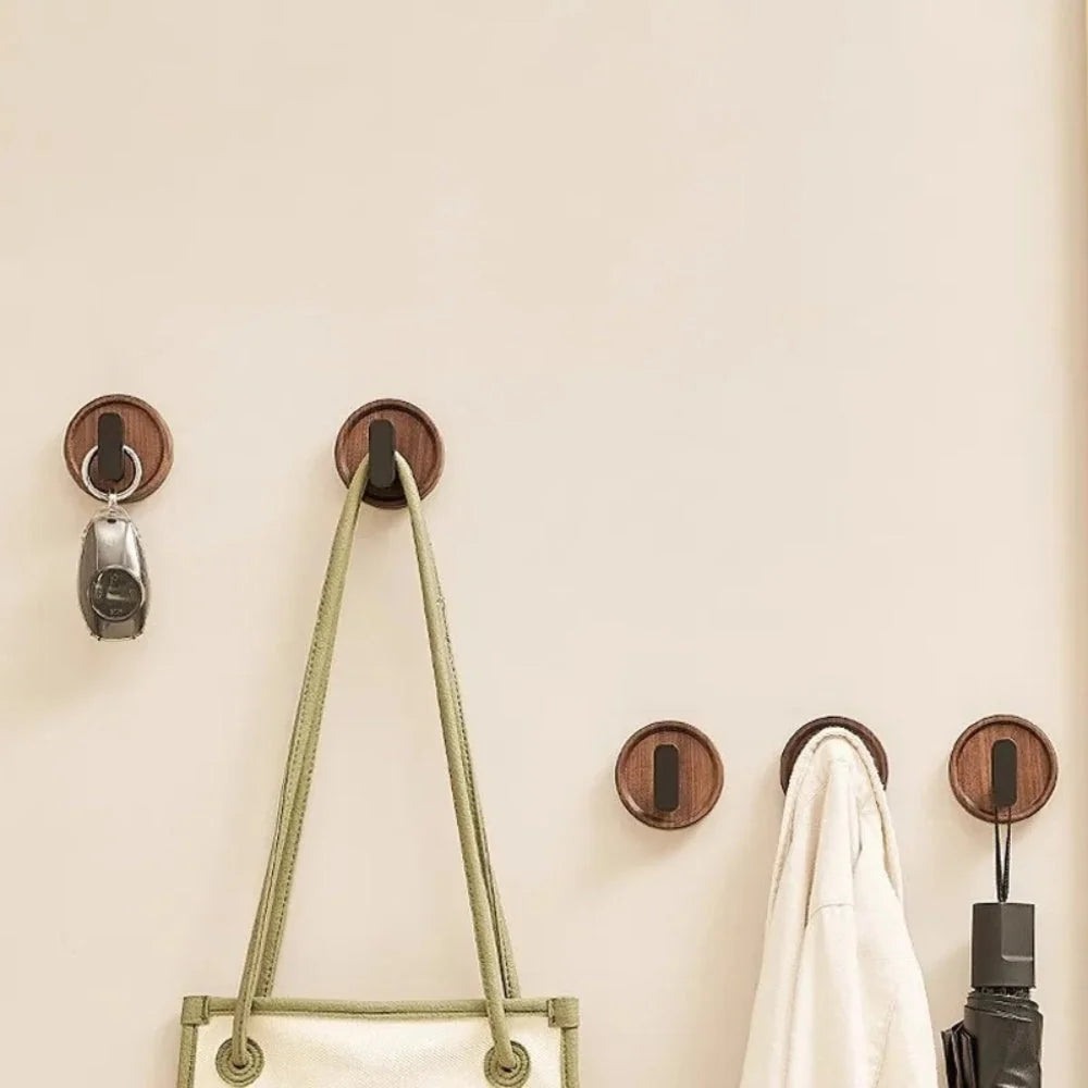 Wall Hook Solid Walnut Wood Self-Adhesive No-Drill Installation