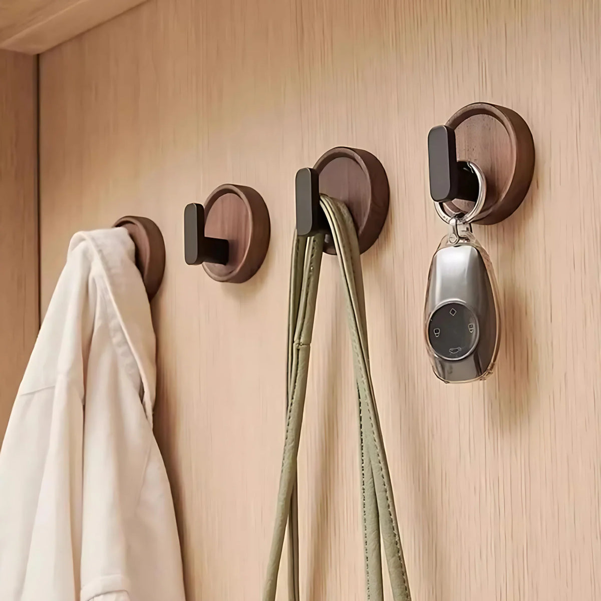 Wall Hook Solid Walnut Wood Self-Adhesive No-Drill Installation
