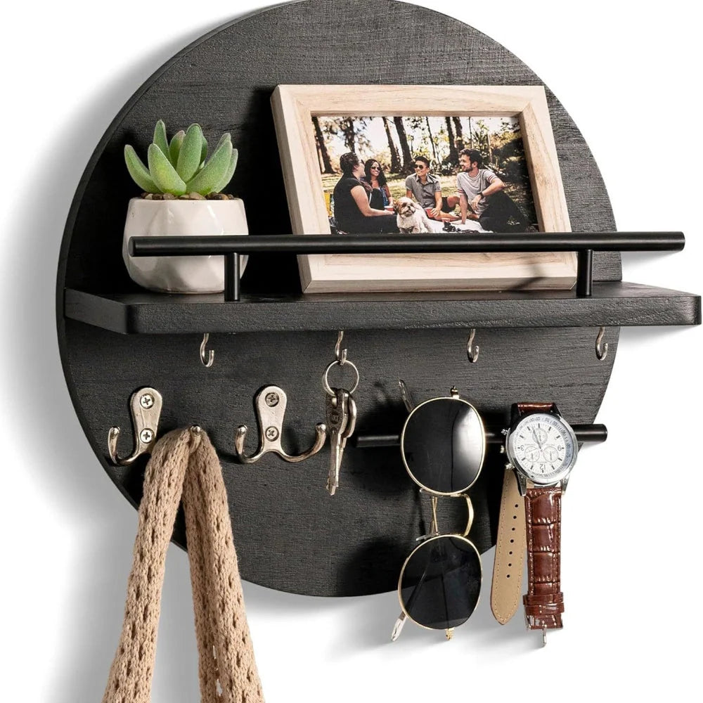 Wall Key Holder Round Wood Shelf & Metal Hooks