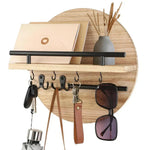 Wall Key Holder Round Wood Shelf & Metal Hooks