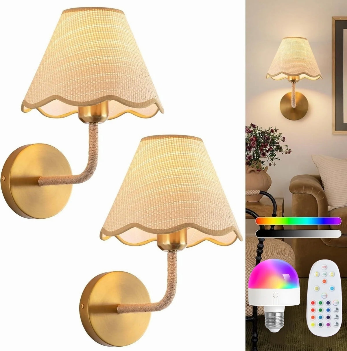 Wall Lamp Fabric Shade Diffused Light Set of 2