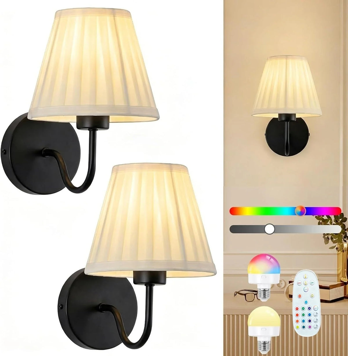 Wall Lamp Fabric Shade Diffused Light Set of 2