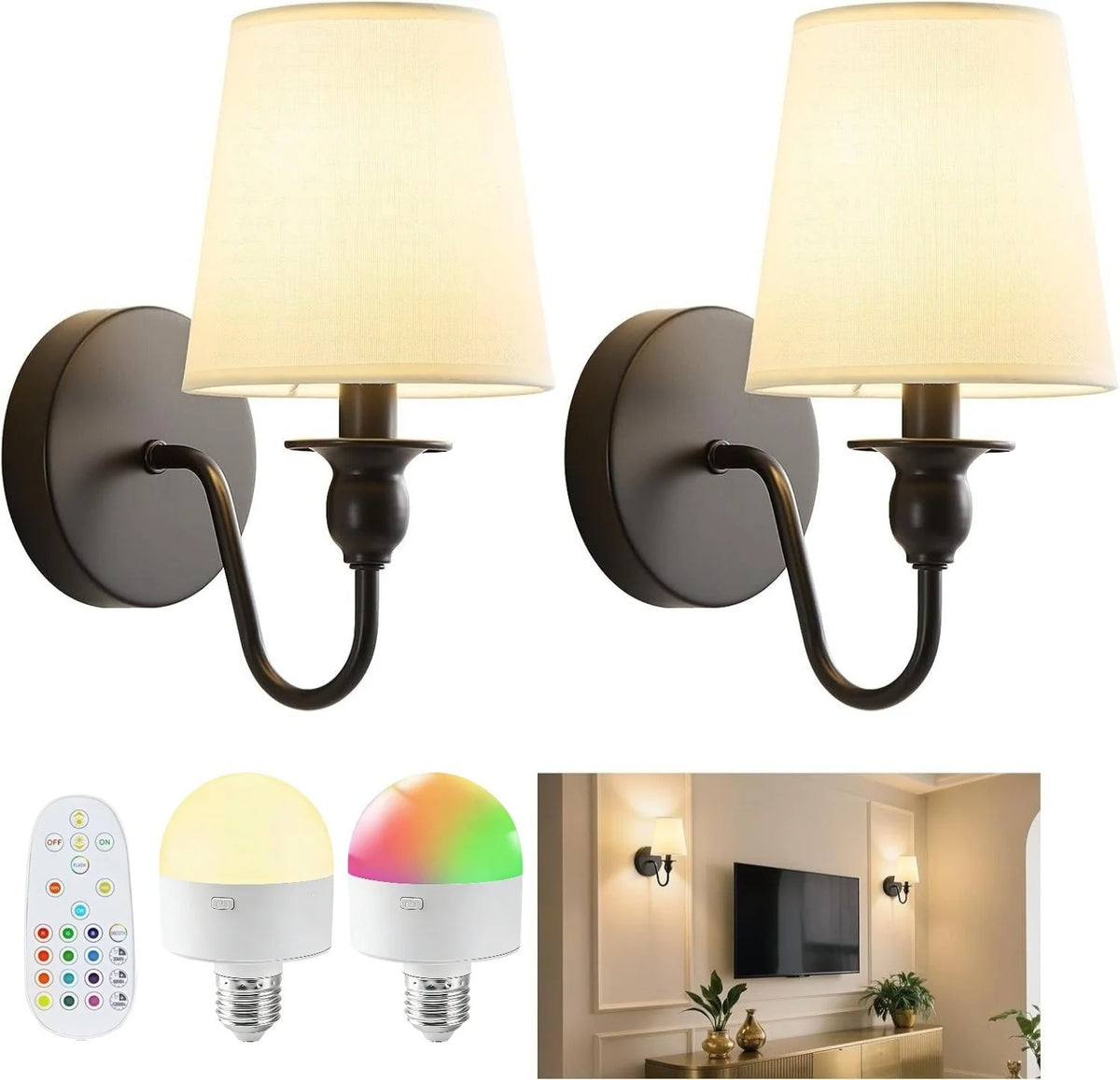 Wall Lamp Fabric Shade Diffused Light Set of 2