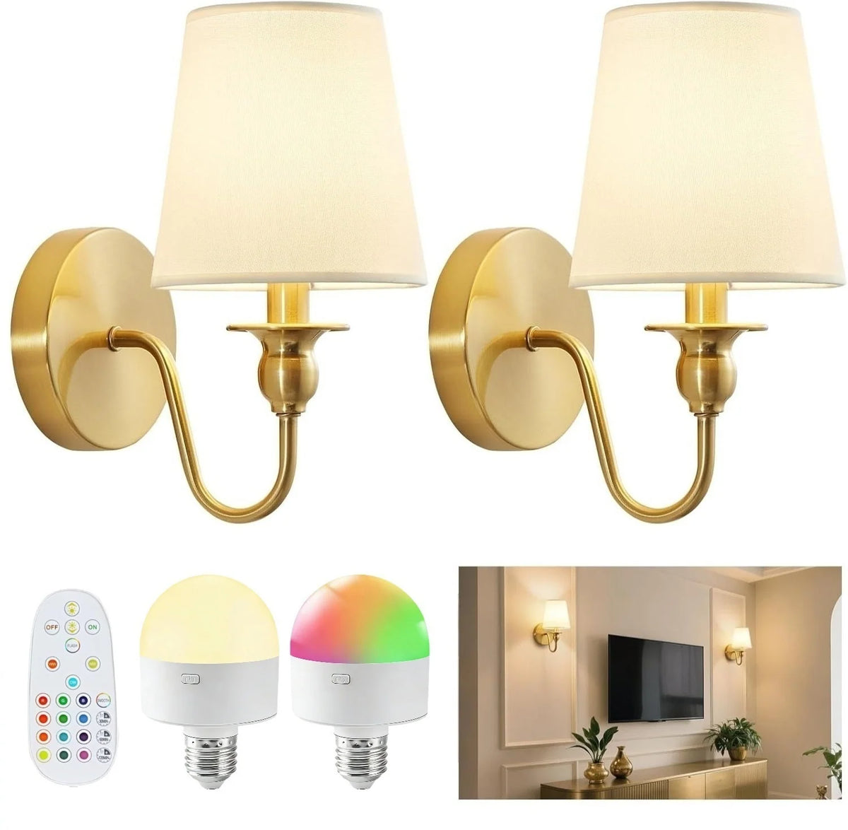 Wall Lamp Fabric Shade Diffused Light Set of 2