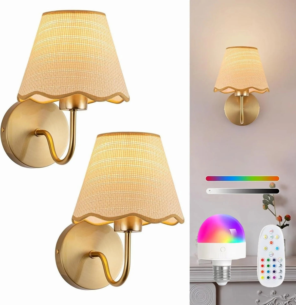 Wall Lamp Fabric Shade Diffused Light Set of 2