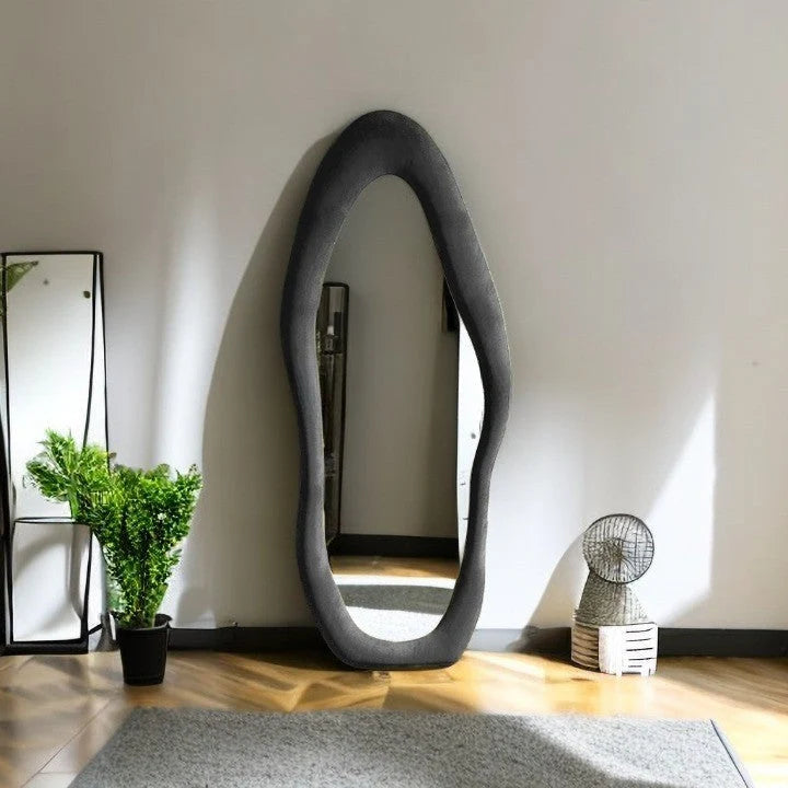 Wall Mirror Wavy Asymmetrical Velvet-Back Wood Frame