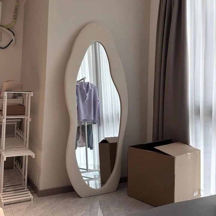 Wall Mirror Wavy Asymmetrical Velvet-Back Wood Frame