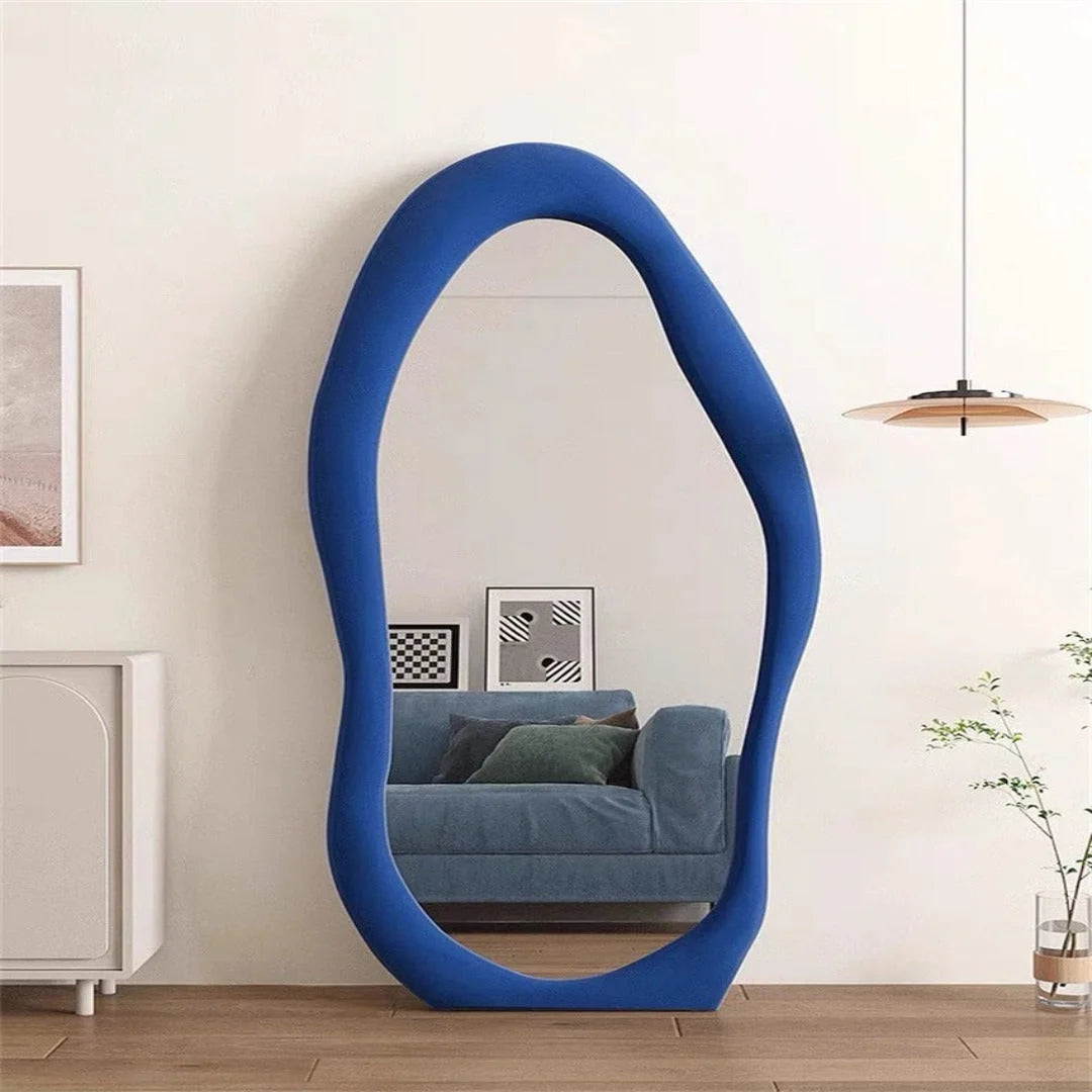 Wall Mirror Wavy Asymmetrical Velvet-Back Wood Frame