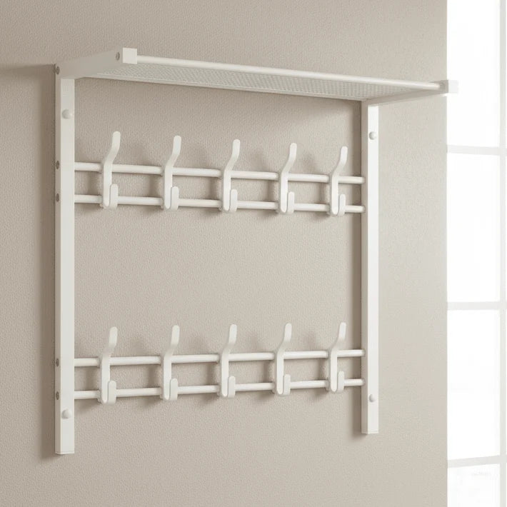 Wall-Mounted Coat Rack Shelf Adjustable Hooks & Clothes Rail