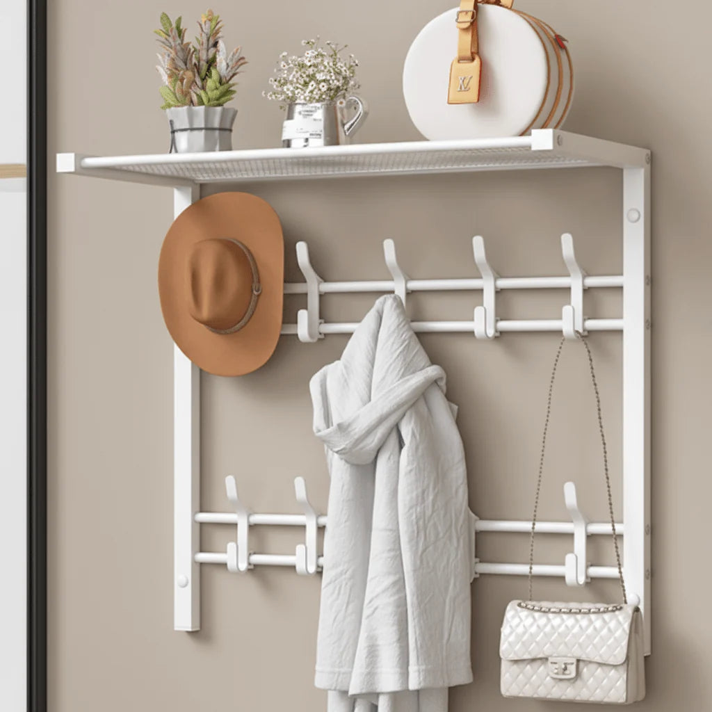 Wall-Mounted Coat Rack Shelf Adjustable Hooks & Clothes Rail
