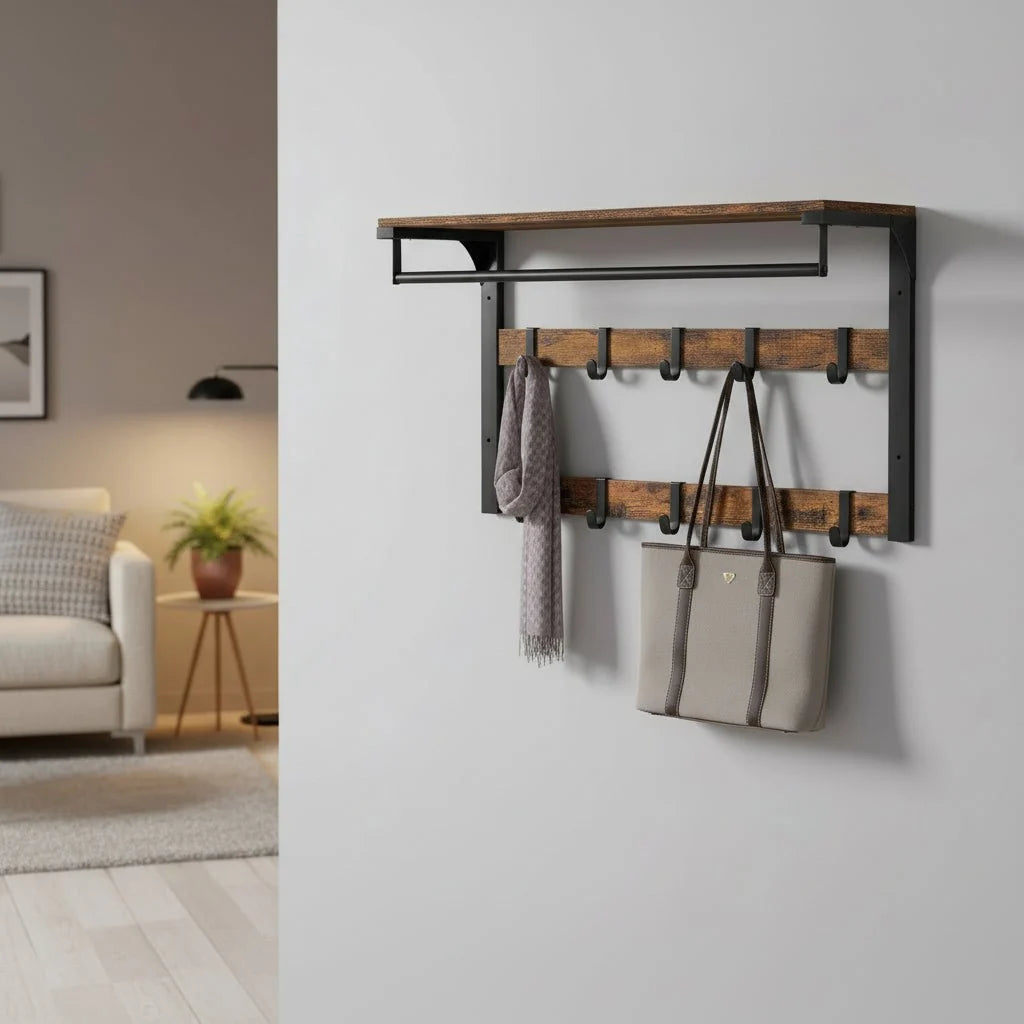 Wall-Mounted Coat Rack Shelf Adjustable Hooks & Clothes Rail