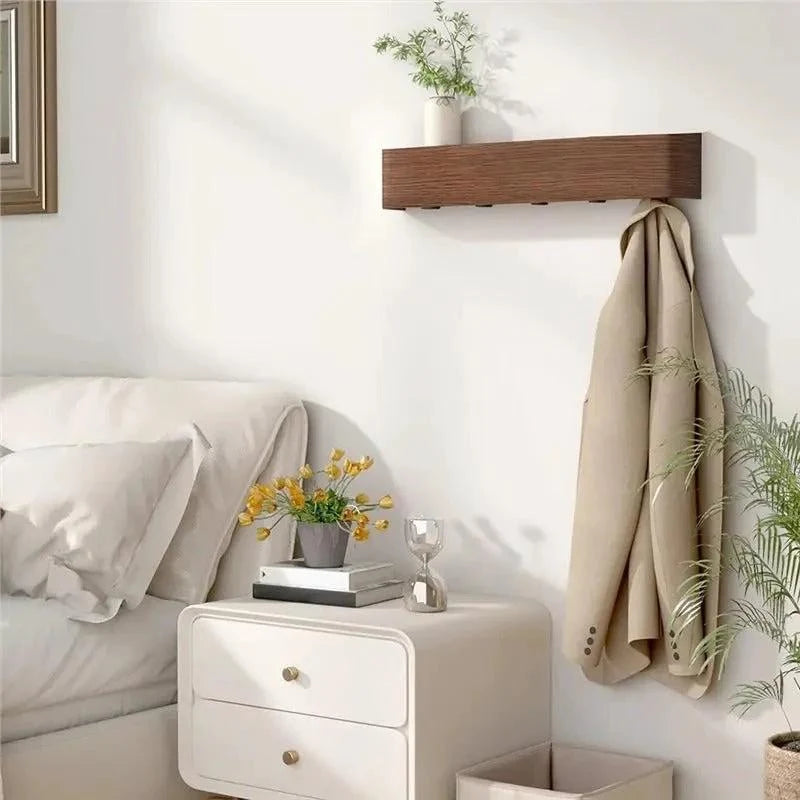 Wall-Mounted Coat Rack Solid Wood Shelf Concealed Hooks Supports 77 Lbs