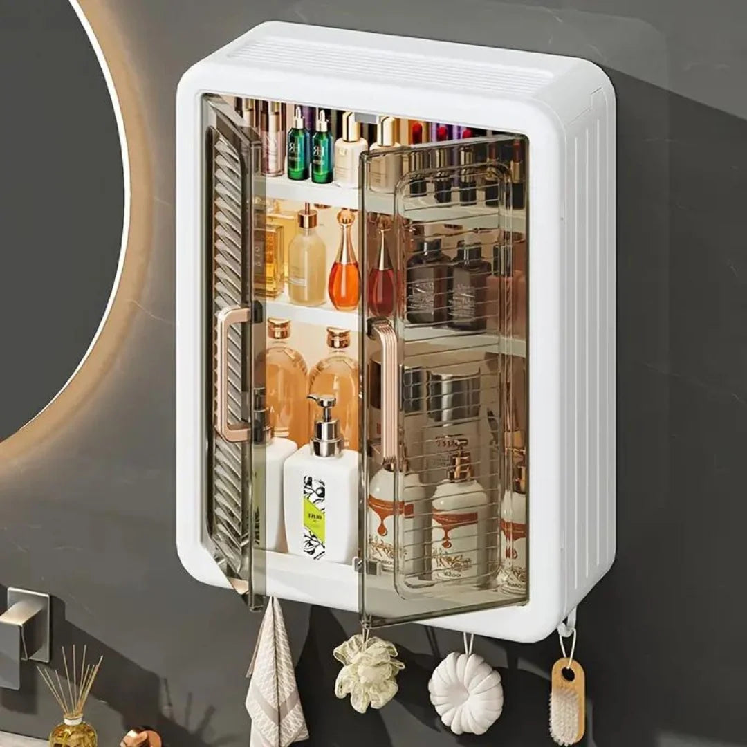 Wall-Mounted Cosmetic Cabinet 3-Tier Punch-Free Magnetic Doors