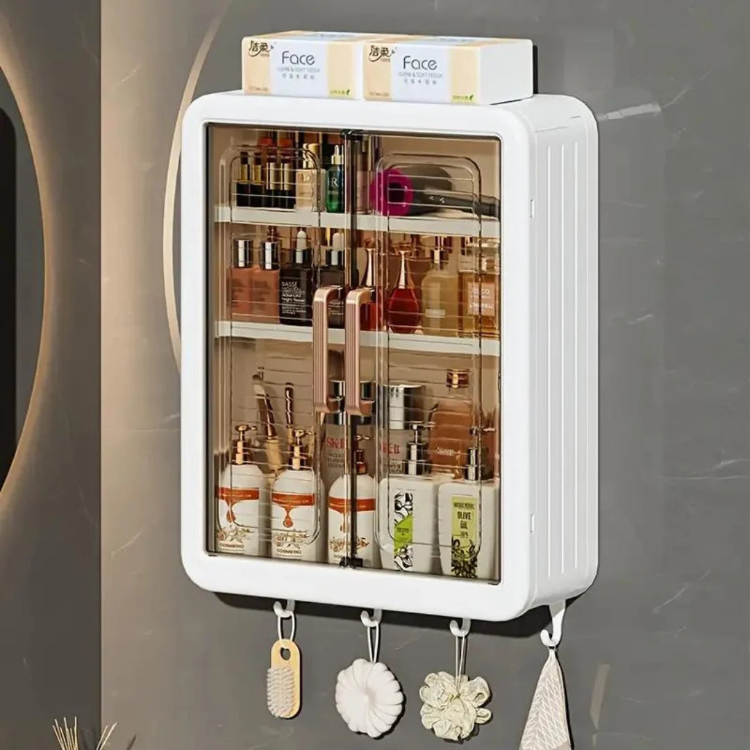 Wall-Mounted Cosmetic Cabinet 3-Tier Punch-Free Magnetic Doors