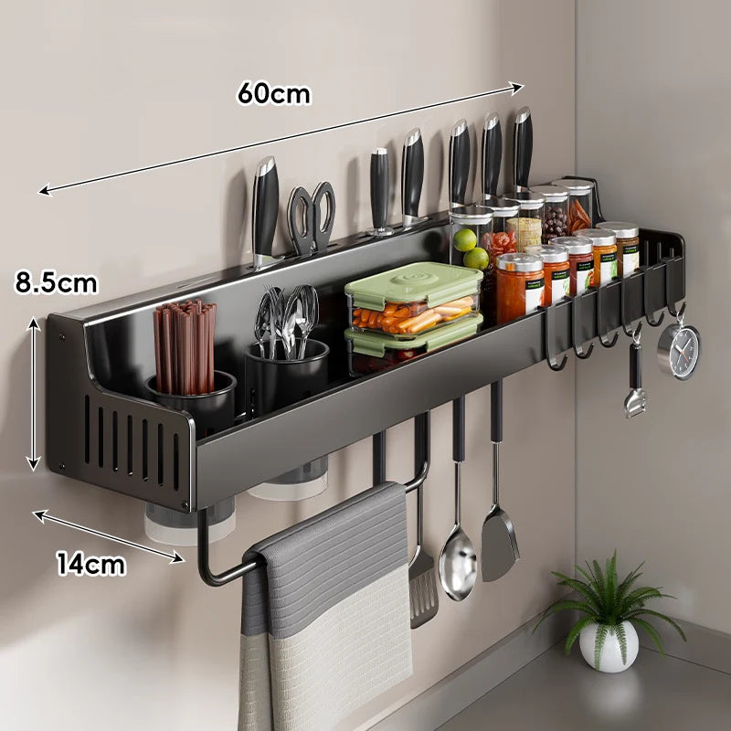 Wall-Mounted Kitchen Organizer Stainless Steel Knife Slots & Spice Shelf