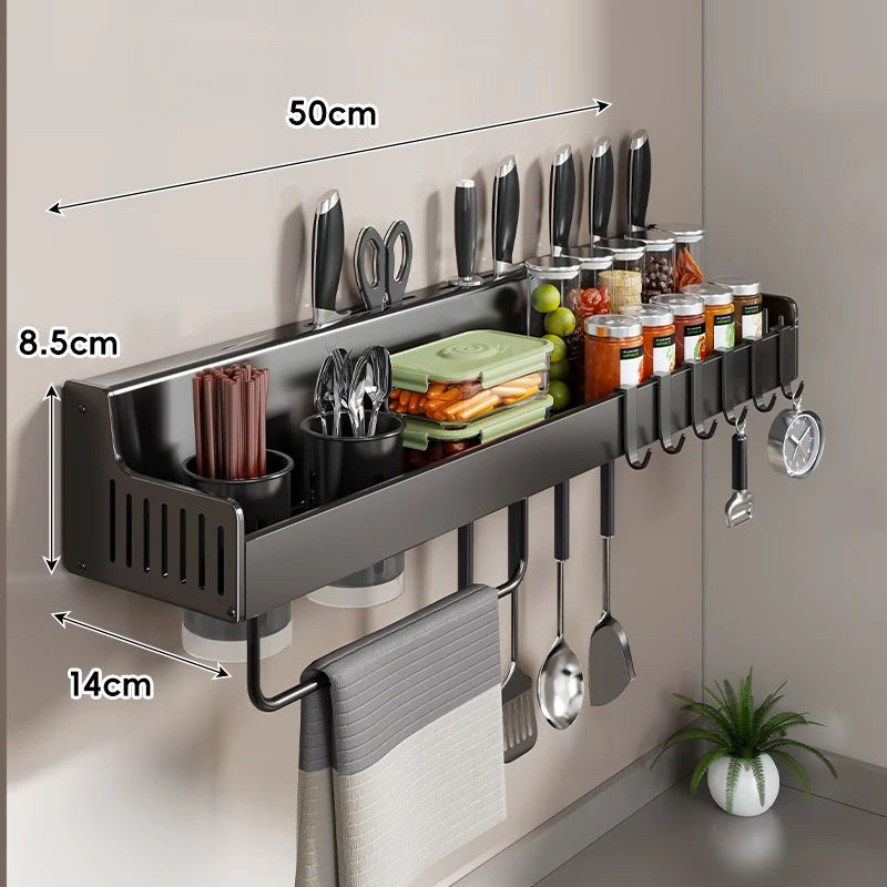 Wall-Mounted Kitchen Organizer Stainless Steel Knife Slots & Spice Shelf