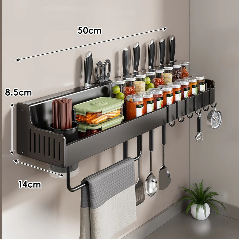 Wall-Mounted Kitchen Organizer Stainless Steel Knife Slots & Spice Shelf