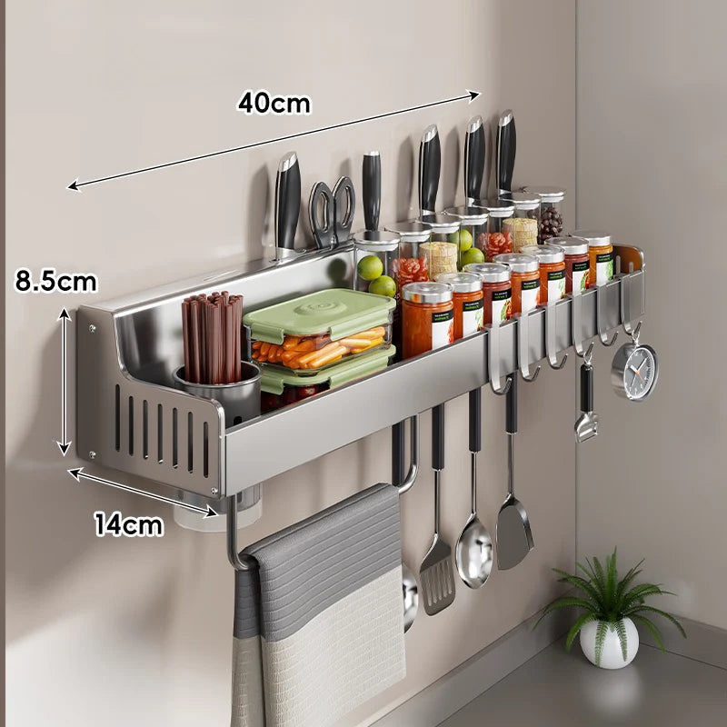 Wall-Mounted Kitchen Organizer Stainless Steel Knife Slots & Spice Shelf