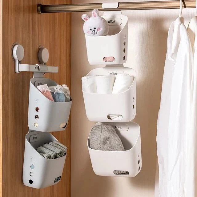Wall-Mounted Storage Basket Stackable With Hooks