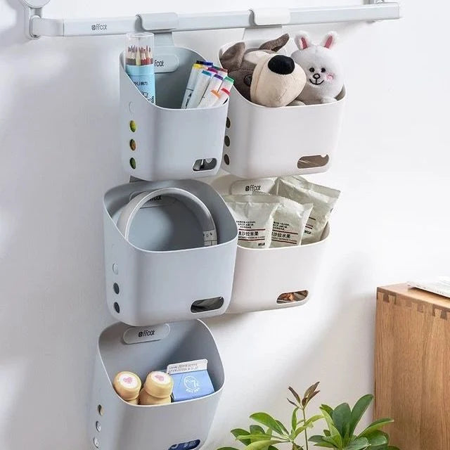 Wall-Mounted Storage Basket Stackable With Hooks