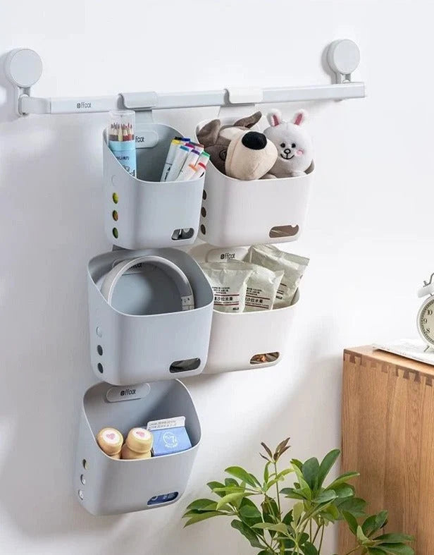 Wall-Mounted Storage Basket Stackable With Hooks