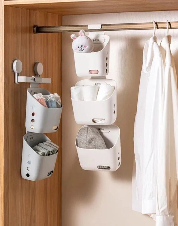 Wall-Mounted Storage Basket Stackable With Hooks