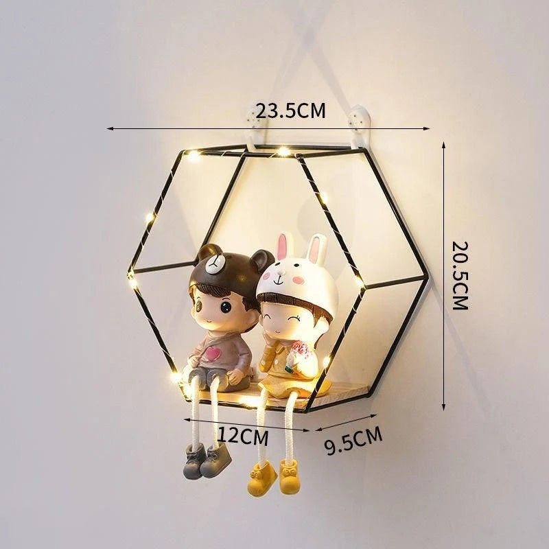 Wall Shelf Double Hexagon Iron & Wood