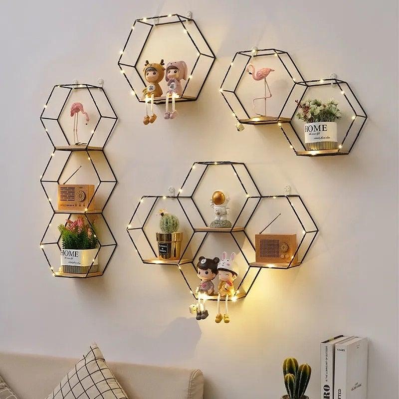 Wall Shelf Double Hexagon Iron & Wood