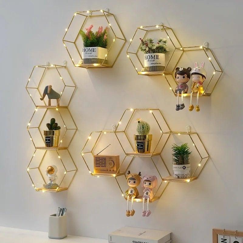 Wall Shelf Double Hexagon Iron & Wood