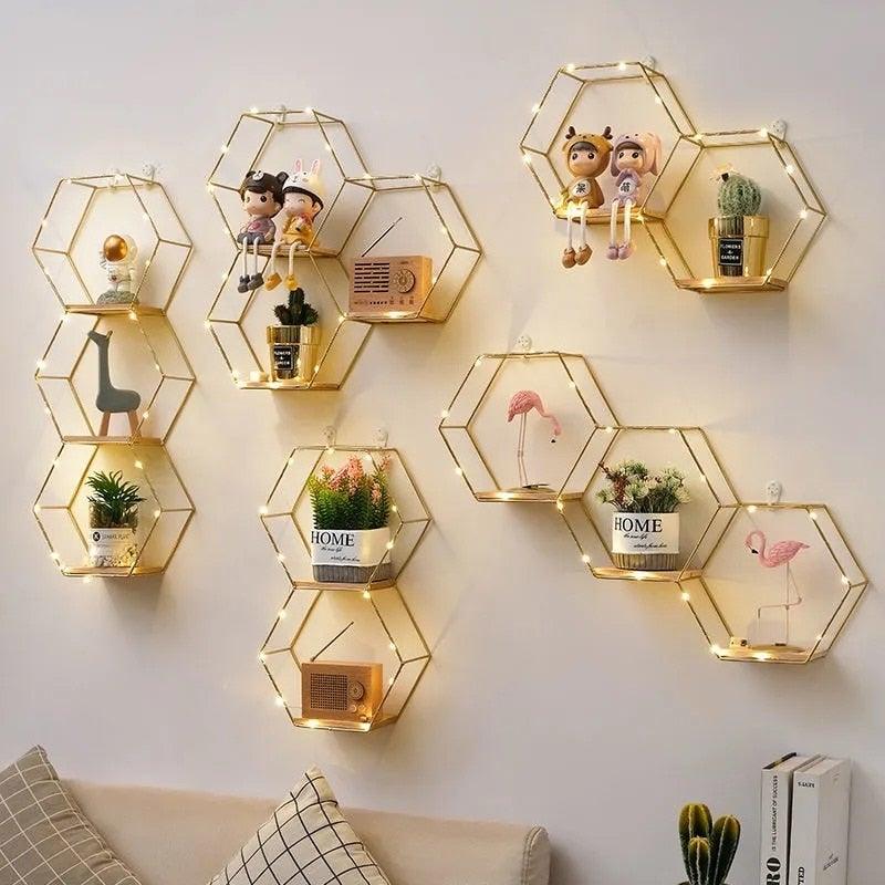 Wall Shelf Double Hexagon Iron & Wood