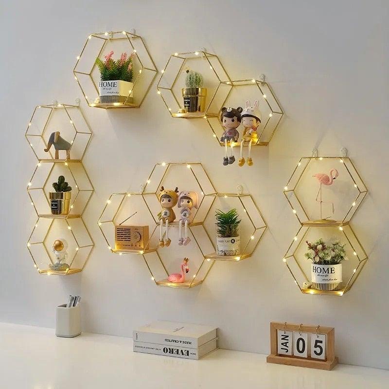 Wall Shelf Double Hexagon Iron & Wood