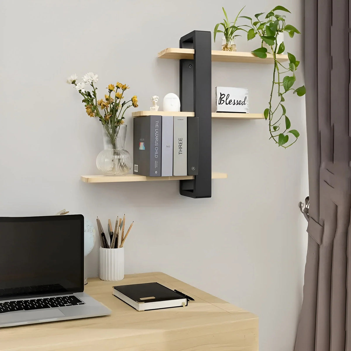 Wall Shelf Solid Pine Wood 3-Tier Space-Saving Storage