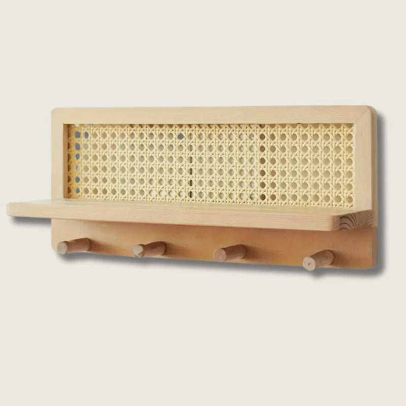 Wall Shelf Wooden With 4 Metal Hooks