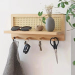 Wall Shelf Wooden With 4 Metal Hooks